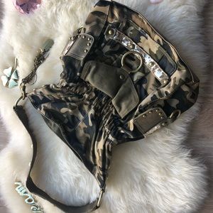 Kathy Van Zeeland Vintage Camo Vegan Hobo Sequin Saddle Shoulder Bag